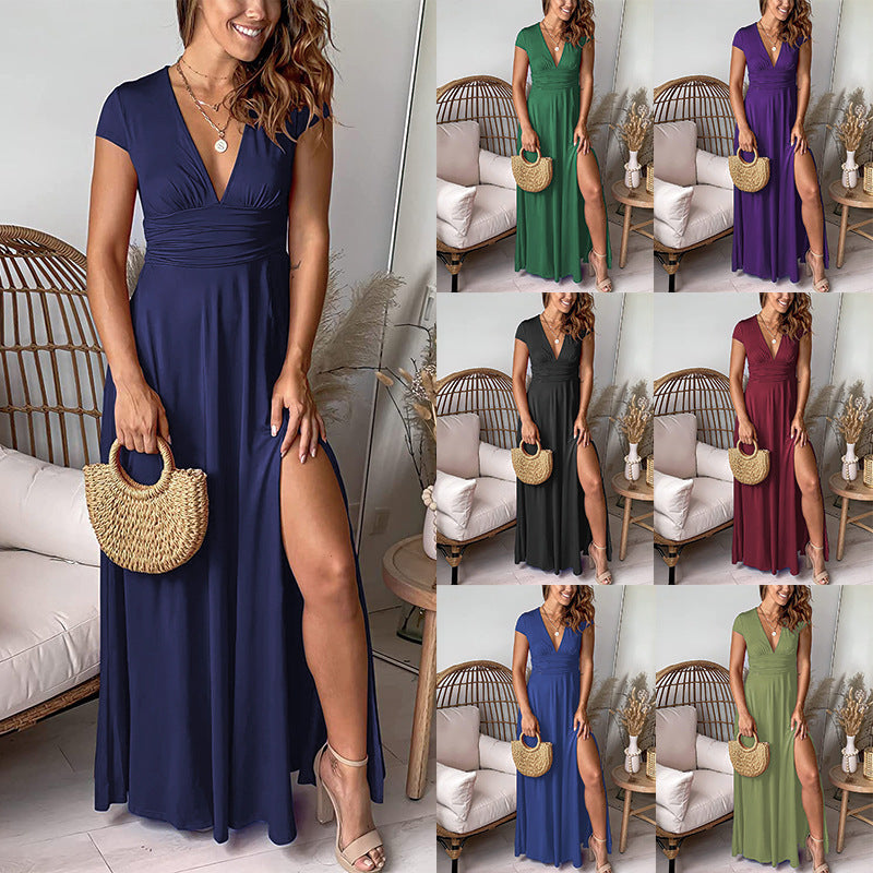 Damen Elegantes Maxikleid mit V-Ausschnitt und hohem Beinschlitz R&B