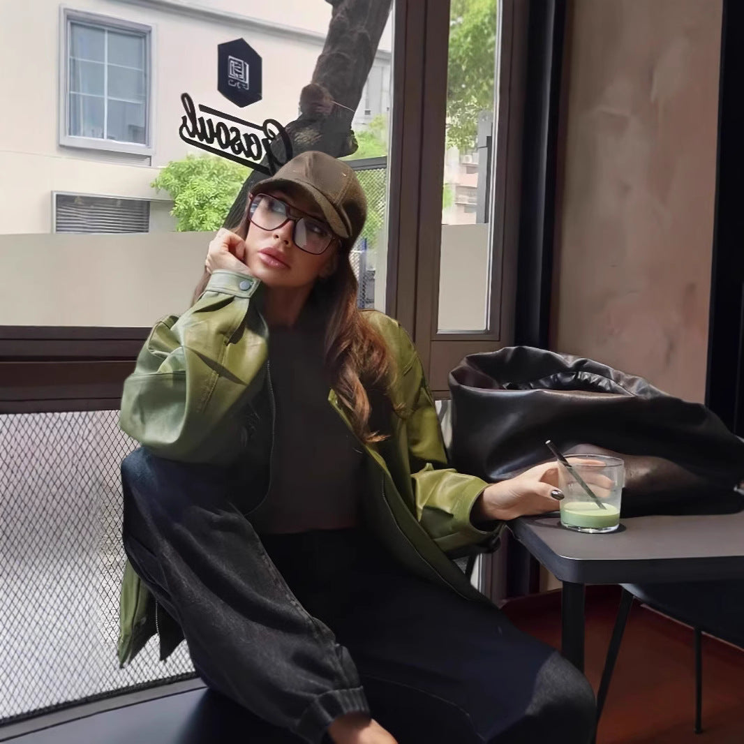 Damen lässige Kunstlederjacke mit voluminösen Ärmeln R&B