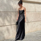 Damen elegantes Maxikleid aus fließendem Satin mit Spaghettiträgern R&B