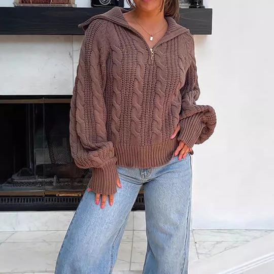 Damen lässiger Strickpullover mit weichem Zopfmuster und praktischer Kapuze R&B