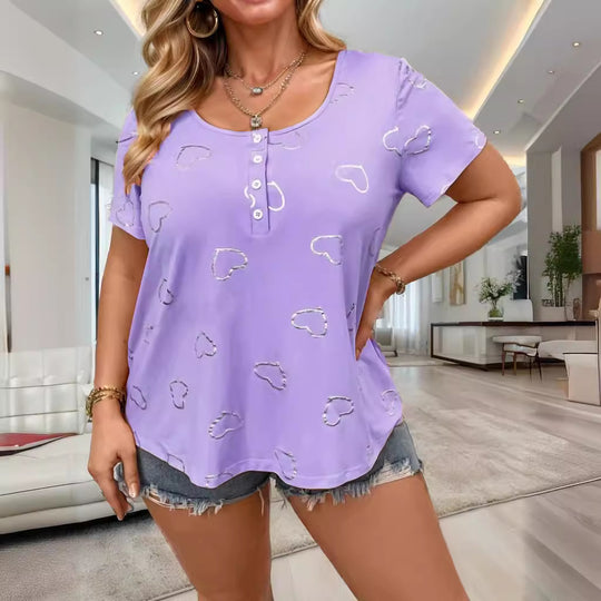 Damen lässiges T-Shirt mit romantischem Herzdesign und Knopfleiste R&B