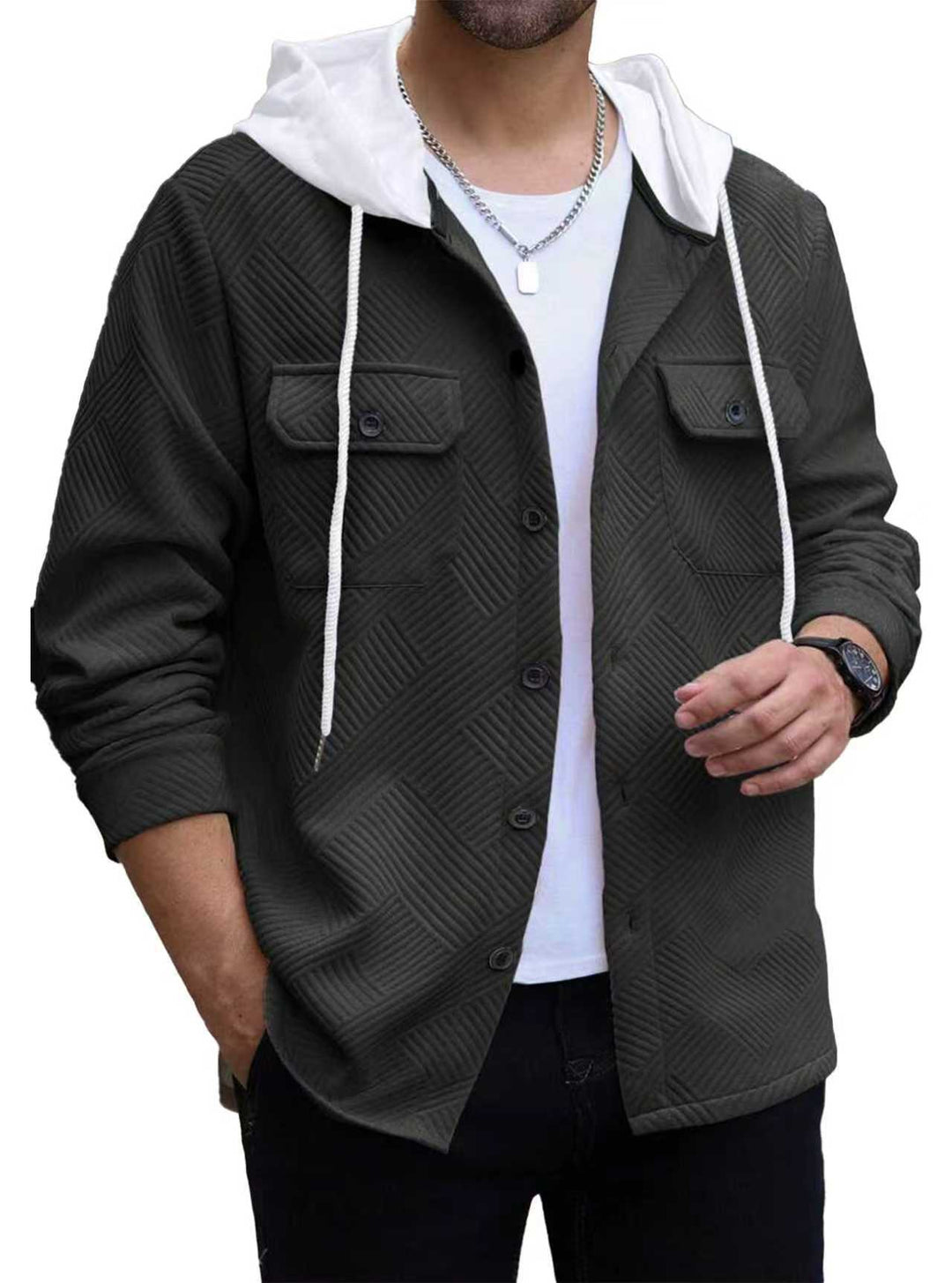 Herren nan strukturierte Overshirtjacke mit gesteppter Diagonalstruktur, Kontrastkapuze und aufgesetzten Brustklappen R&B