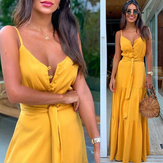 Damen Maxikleid mit Knopfverschluss und fließendem Rock R&B