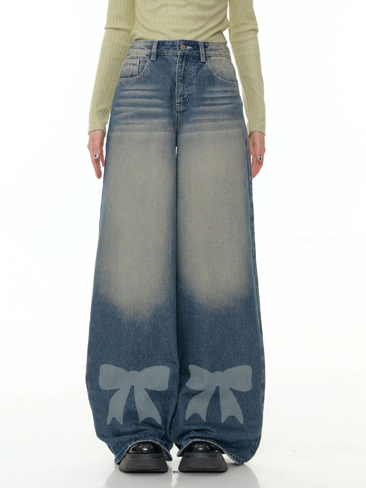 Damen Weite Jeans mit dekorativen Schleifendetails