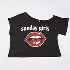Damen Trendiges Crop-Top mit R&Brnem Lippenprint R&B
