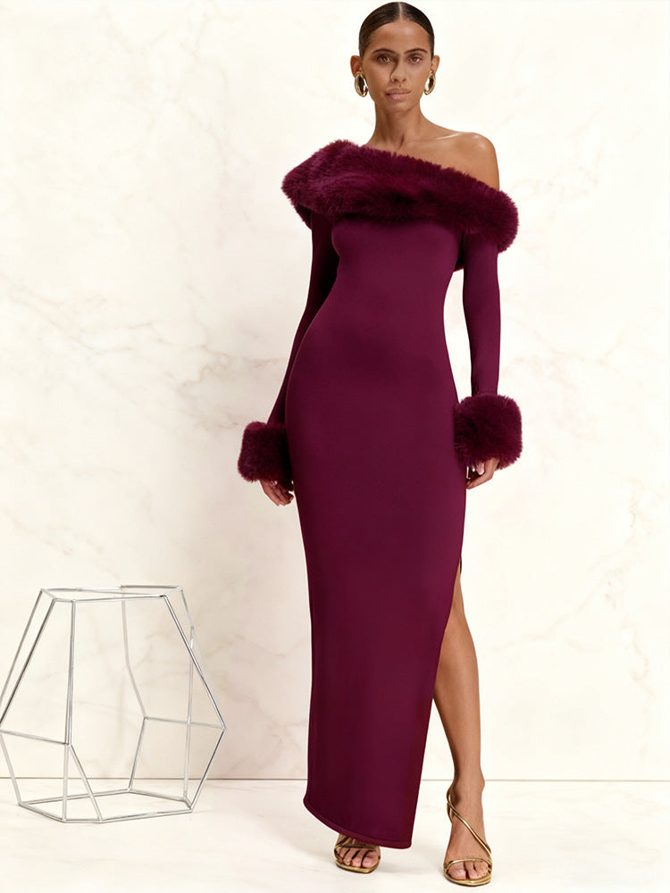 Damen Langarm-Maxikleid mit schulterfreier Optik und eleganten Fellakzenten R&B