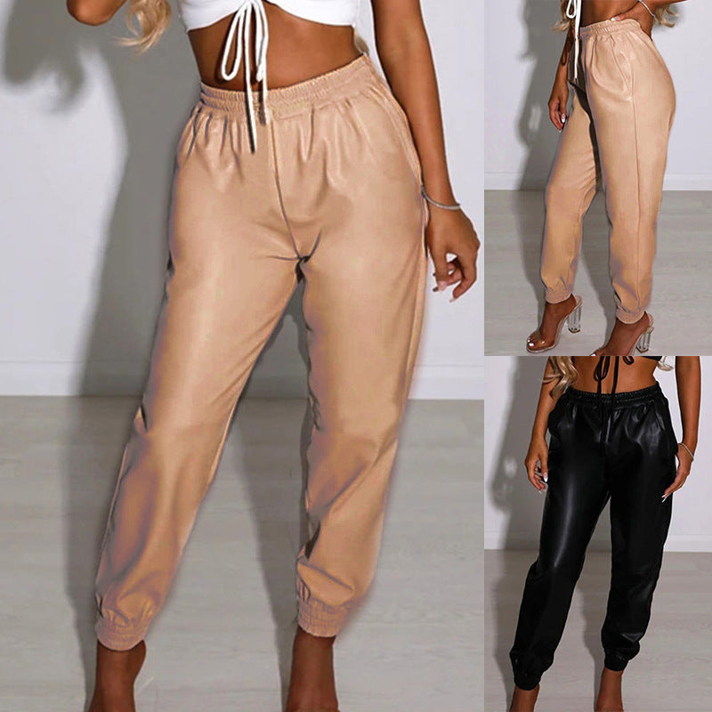 Damen Bequeme Kunstleder Jogginghose R&B
