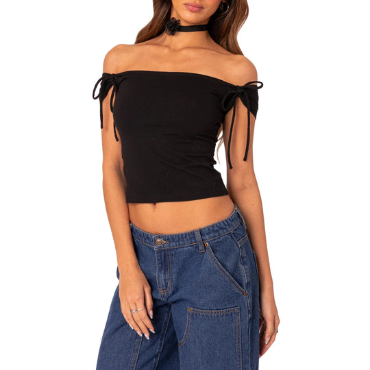 Damen raffiniertes Off-Shoulder T-Shirt mit eleganten Bindebändern R&B