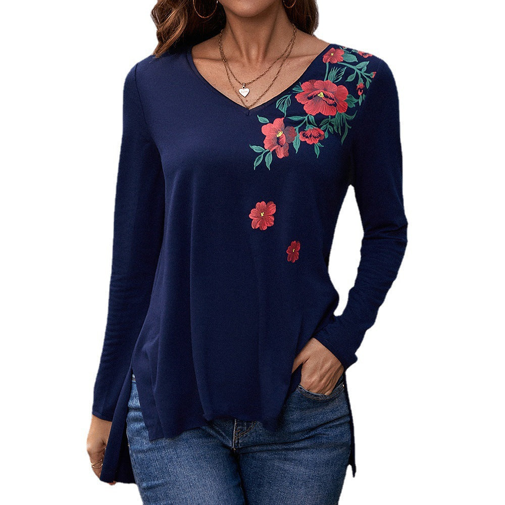 Damen Langarm-T-Shirt mit floralem Print und V-Ausschnitt R&B
