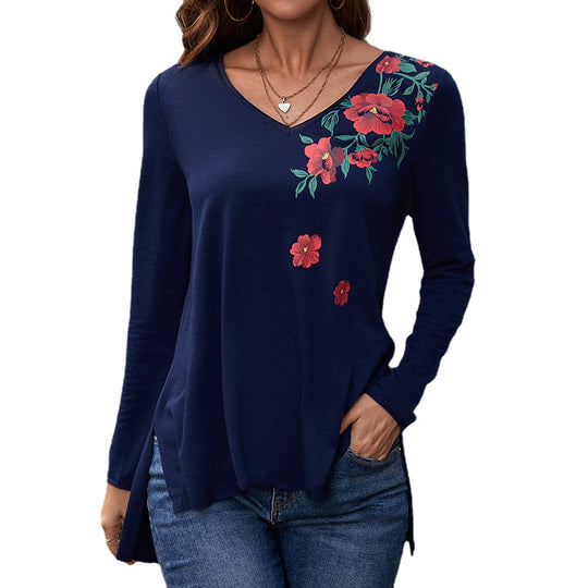 Damen Langarm-T-Shirt mit floralem Print und V-Ausschnitt R&B