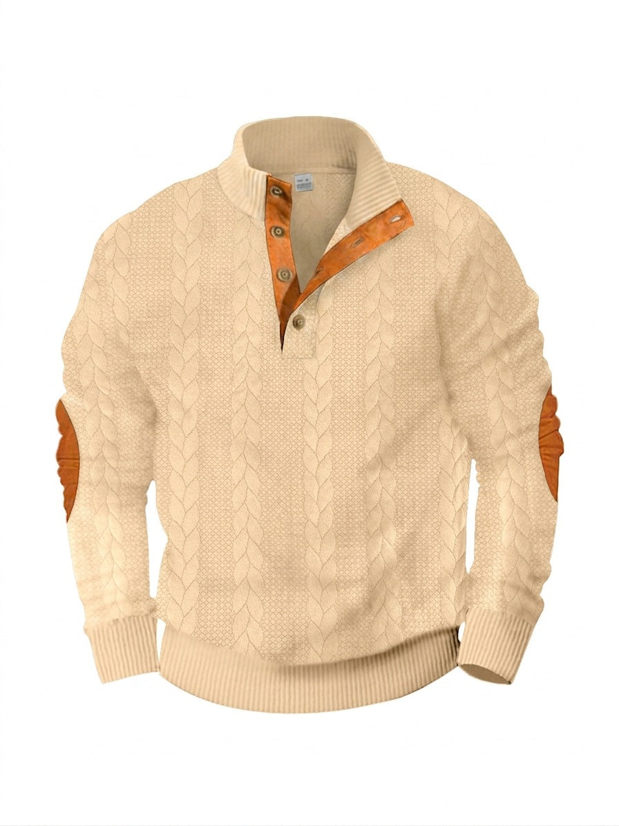 Herren nan lässiger Zopfstrickpullover mit verstärkter Knopfleiste und Wildleder-Ellenbogenpatches R&B