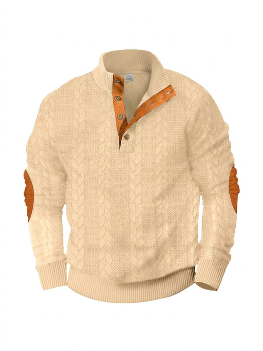 Herren nan lässiger Zopfstrickpullover mit verstärkter Knopfleiste und Wildleder-Ellenbogenpatches R&B