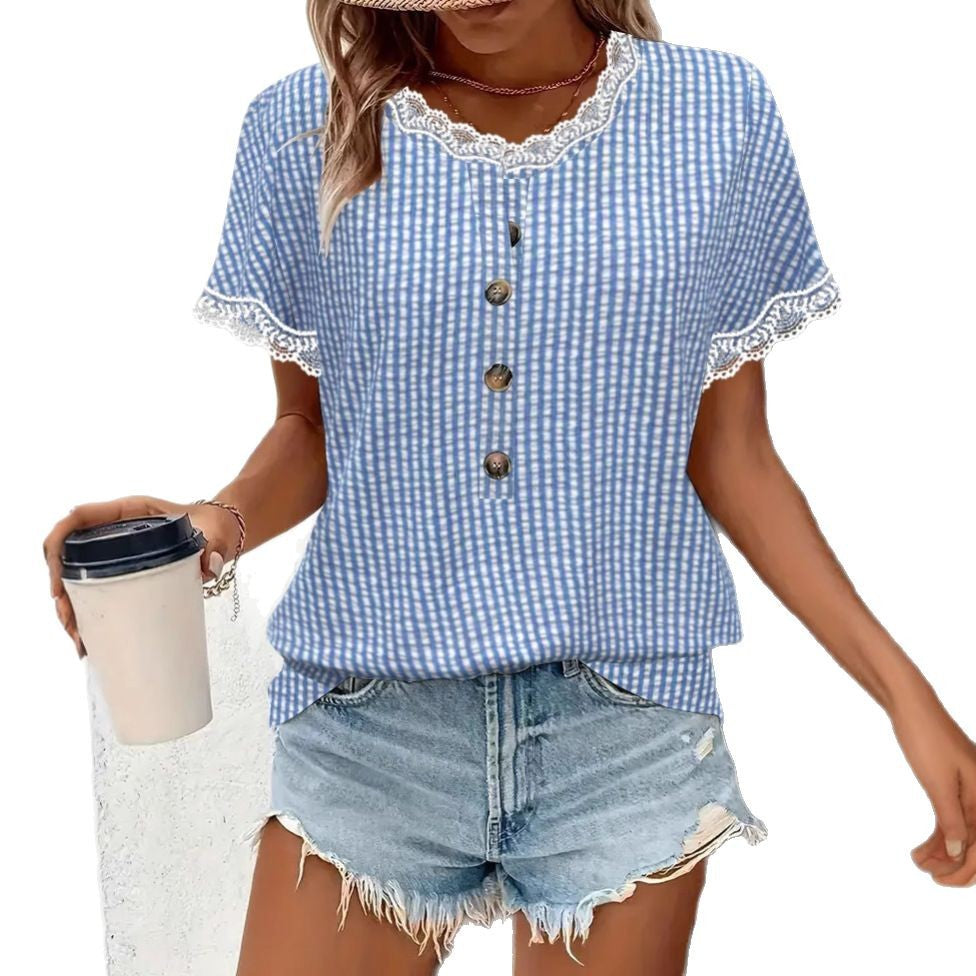 Damen nan kurzärmlige Vichykaro-Bluse mit Spitzenbesatz und dekorativer Knopfleiste R&B