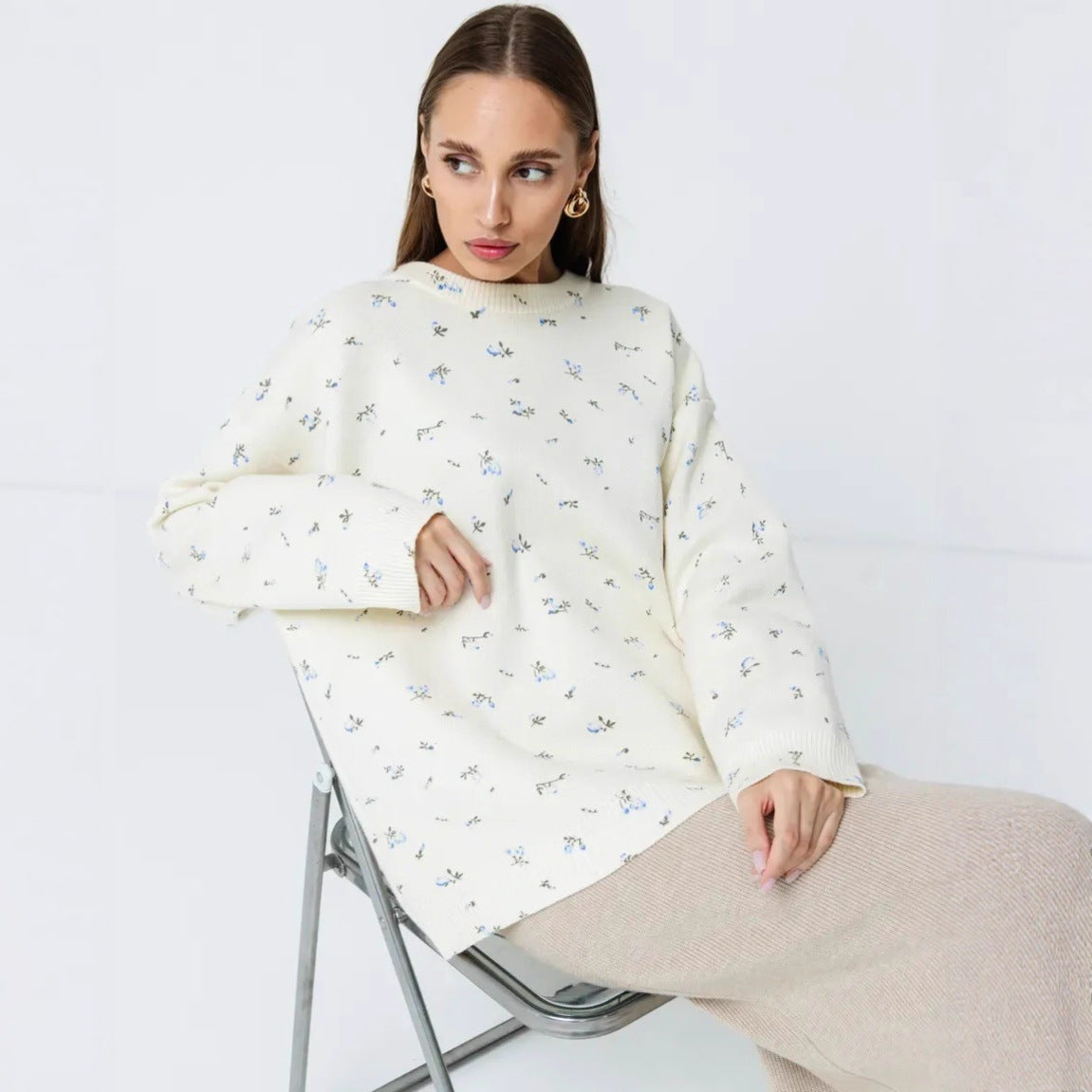 Damen Oversized Strickpullover mit floralen Akzenten und weitem Schnitt R&B