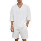 Unisex nan lässiges Lounge-Set mit V-Ausschnitt-Oberteil und Kordelbund-Shorts R&B