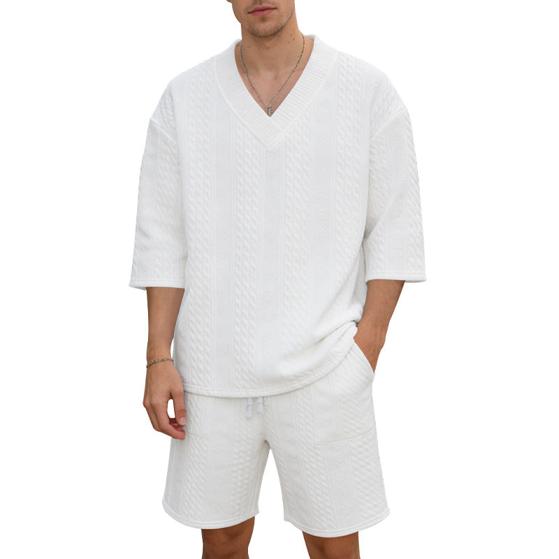Unisex nan lässiges Lounge-Set mit V-Ausschnitt-Oberteil und Kordelbund-Shorts R&B