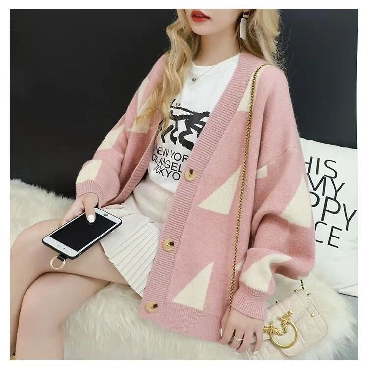 Damen lässige Strickjacke mit großflächigem Muster und praktischen Knopfdetails R&B