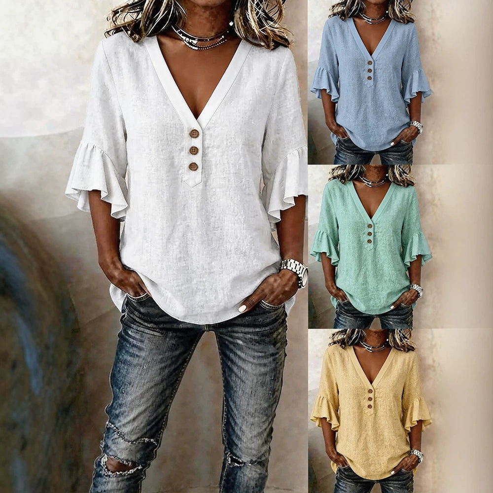 Damen Bluse mit V-Ausschnitt und dekorativen Rüschensäumen R&B