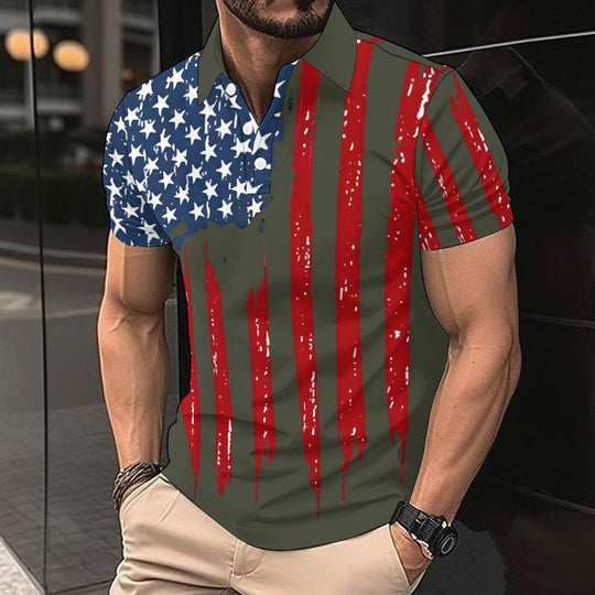 Herren Kurzarm-Polohemd mit kreativem Flaggenmotiv R&B