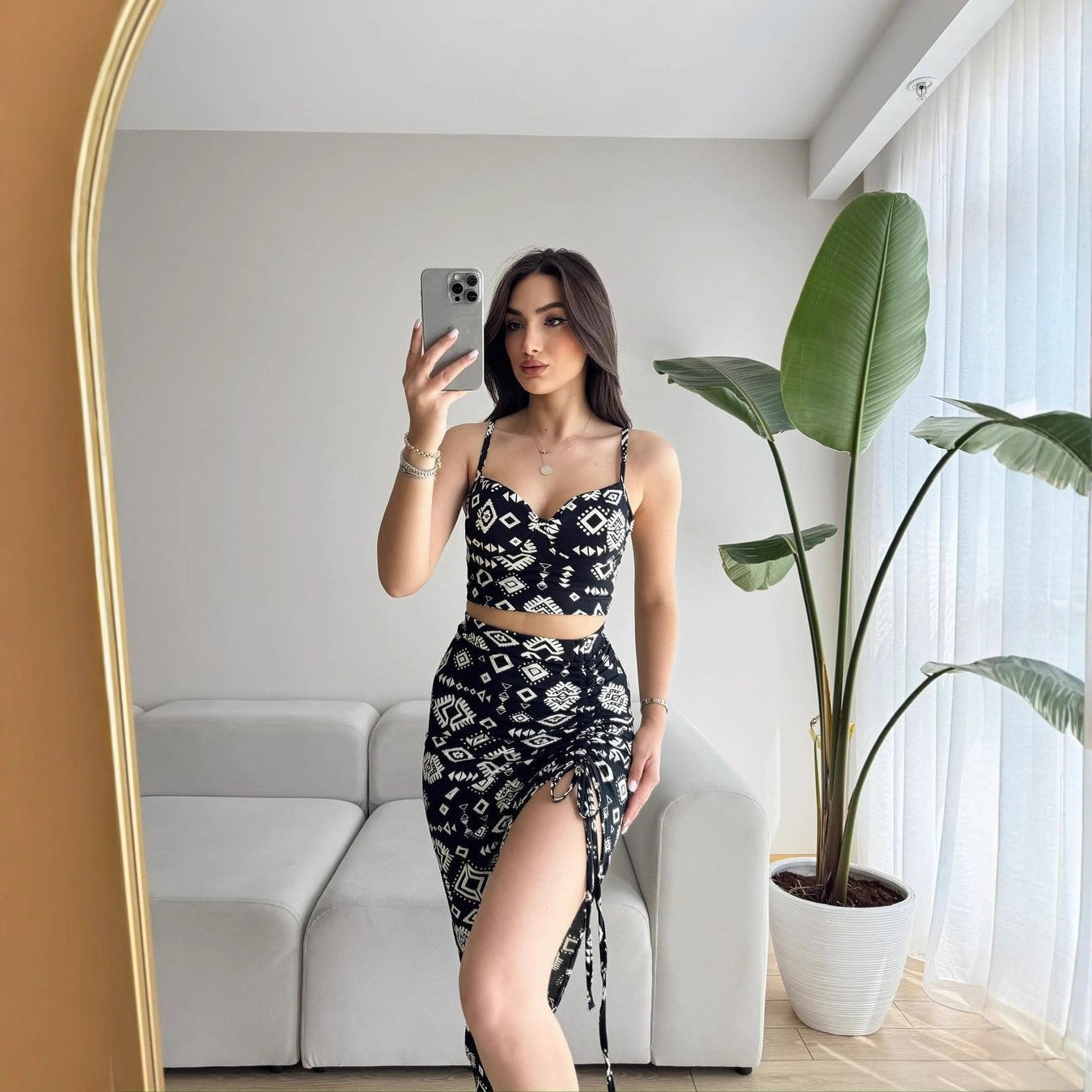 Damen Set aus Crop-Top und Knielangem Rock mit Raffungen R&B