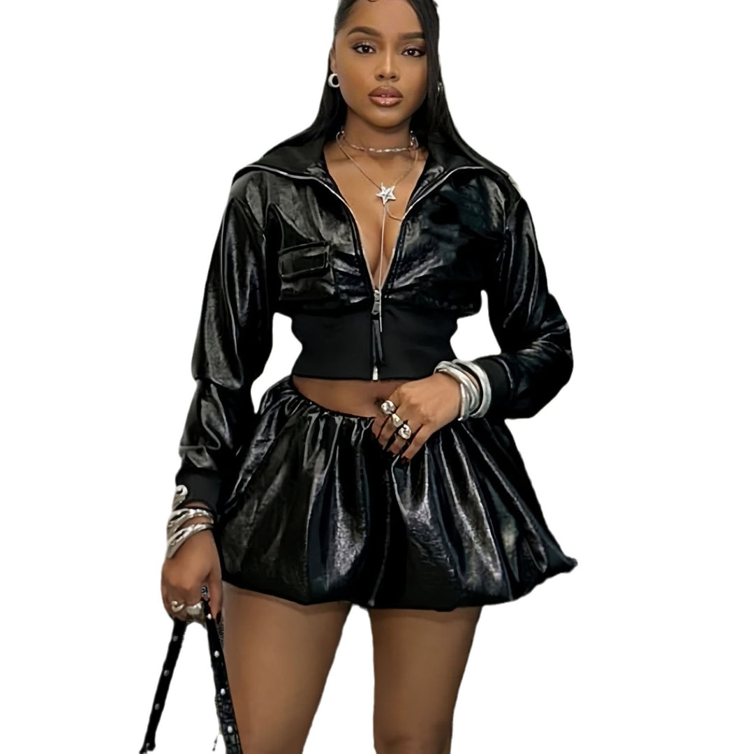 Damen Kurzjacke mit glänzendem Finish und elastischem Bund R&B
