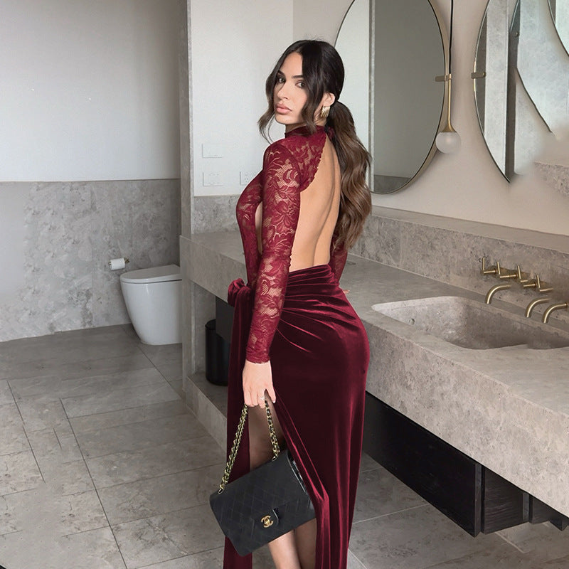 Damen Elegantes Maxi-Kleid mit Spitze und raffiniertem Taillengürtel R&B