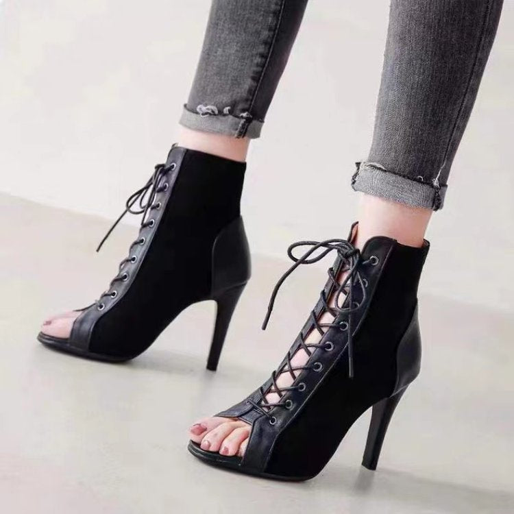Damen Offene Zehen-Stiefeletten mit elegantem Schnürdesign und hohem Absatz R&B