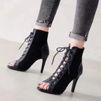 Damen Offene Zehen-Stiefeletten mit elegantem Schnürdesign und hohem Absatz R&B