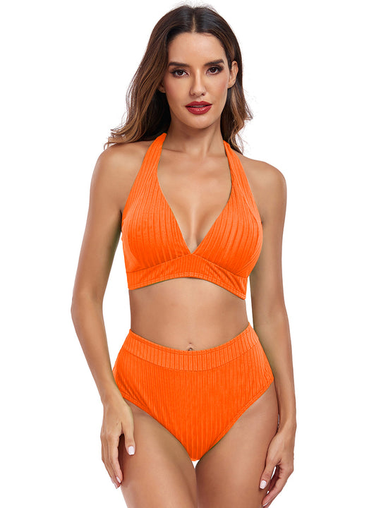 Damen Hochtaillierter Bikini mit V-Ausschnitt und Rippstruktur R&B