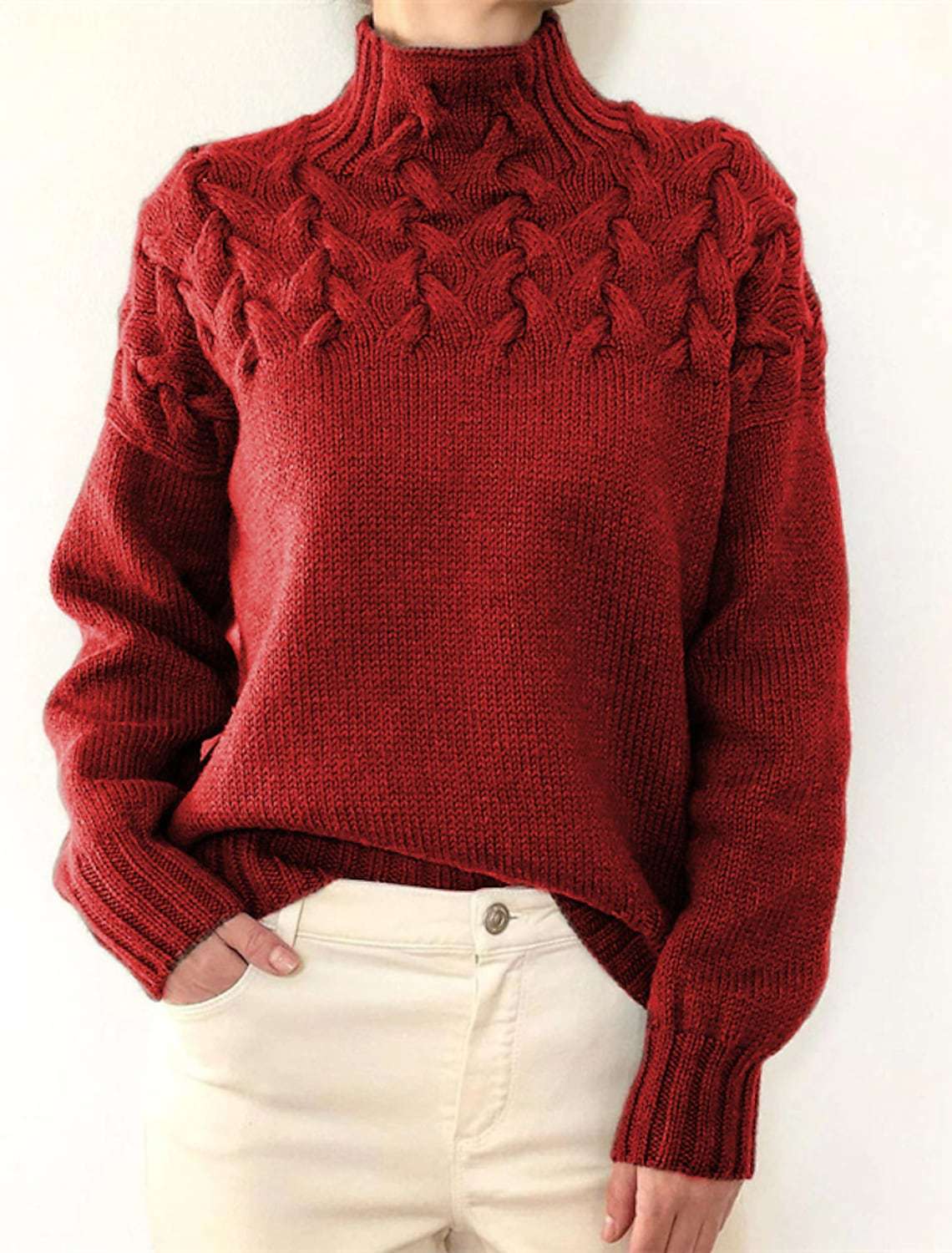 Damen Grobstrickpullover mit Stehkragen und Zopfmuster R&B