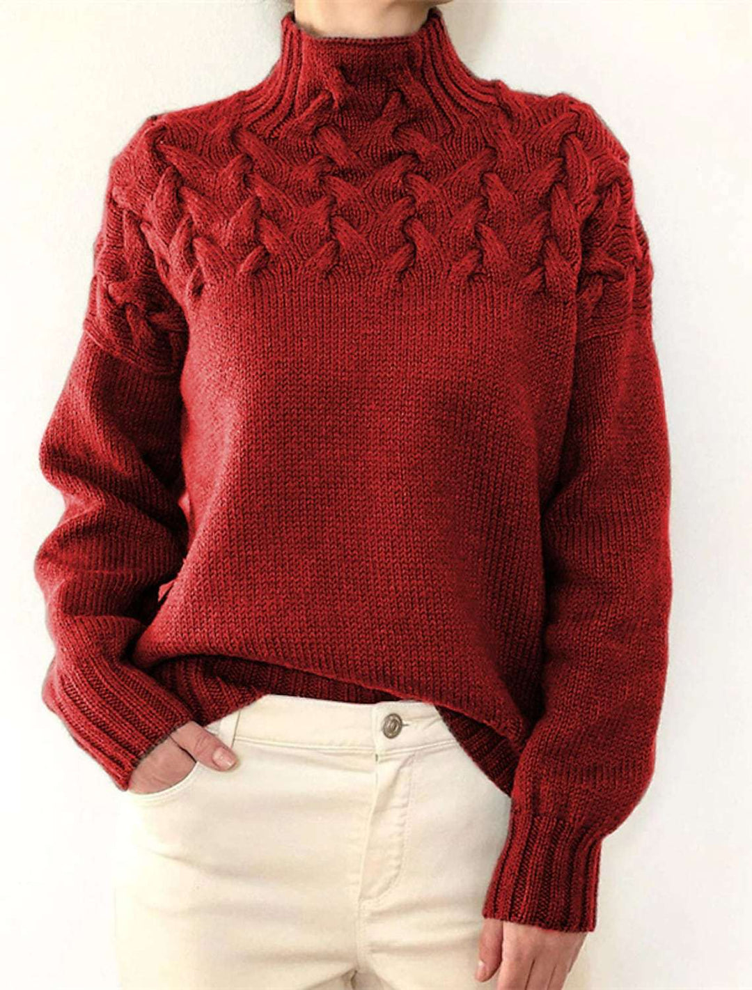 Damen Strickpullover mit dekorativem Zopfmuster und hohem Kragen R&B