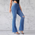 Damen Flared Jeans im modernen Used-Look mit eleganten Rissen und hohem Taillenbund R&B