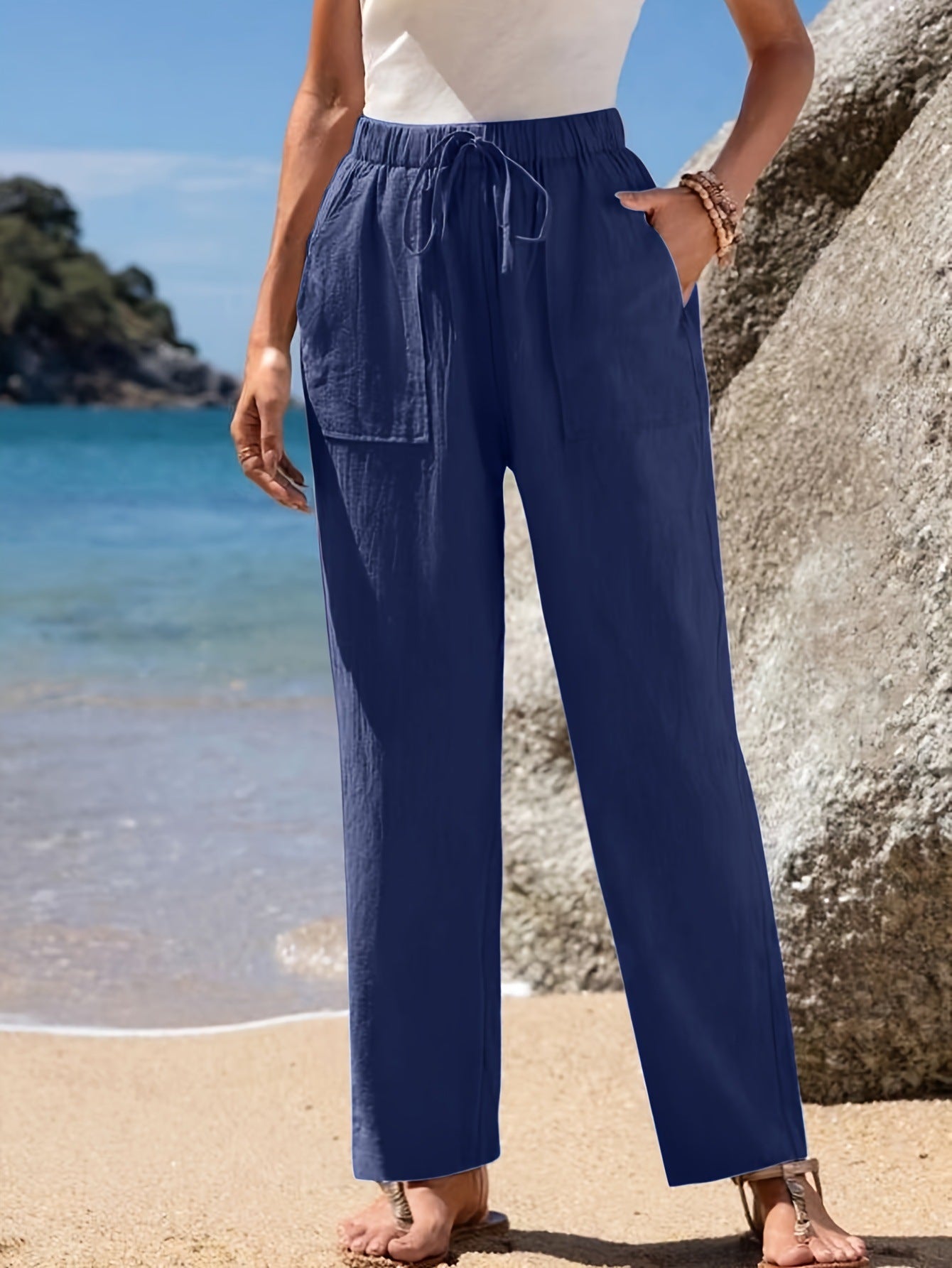Damen Locker geschnittene Strandhose mit praktischen Taschen und elastischem Bund R&B