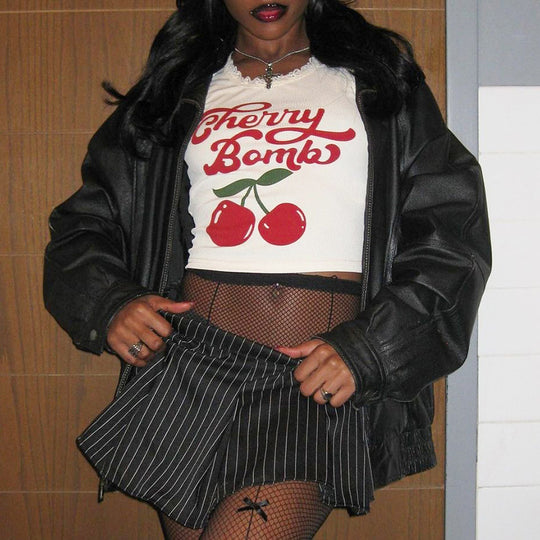 Damen lässiges Crop-Top mit charmantem Spitzenrand und fröhlichem Print R&B