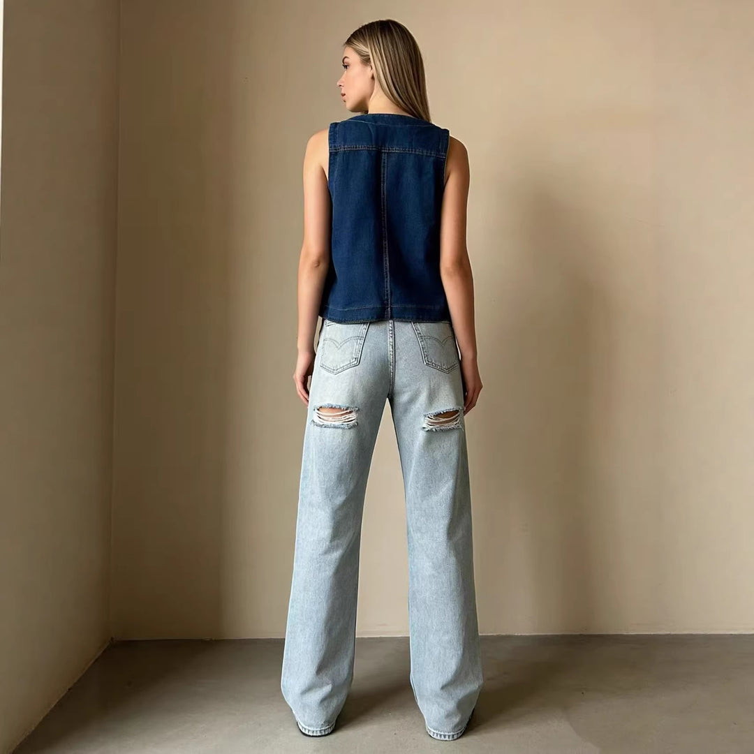 Damen lässige Denim-Weste mit Knopfdetails und aufgesetzten Taschen R&B