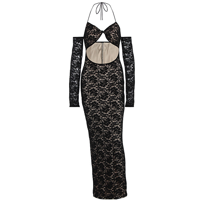 Damen aufregendes Spitzenkleid mit tiefem Rückenausschnitt und langem Arm R&B