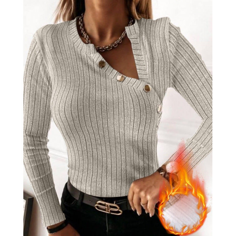 Damen Langarmshirt mit modischem Knopfdetail und Rippstruktur R&B