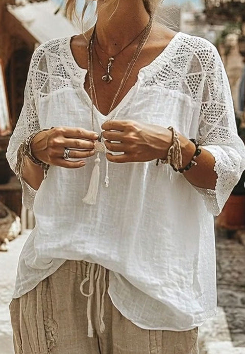 Damen nan locker fallende Tunika-Bluse im Boho-Stil mit gehäkelten Schulter- und Ärmeldetails R&B