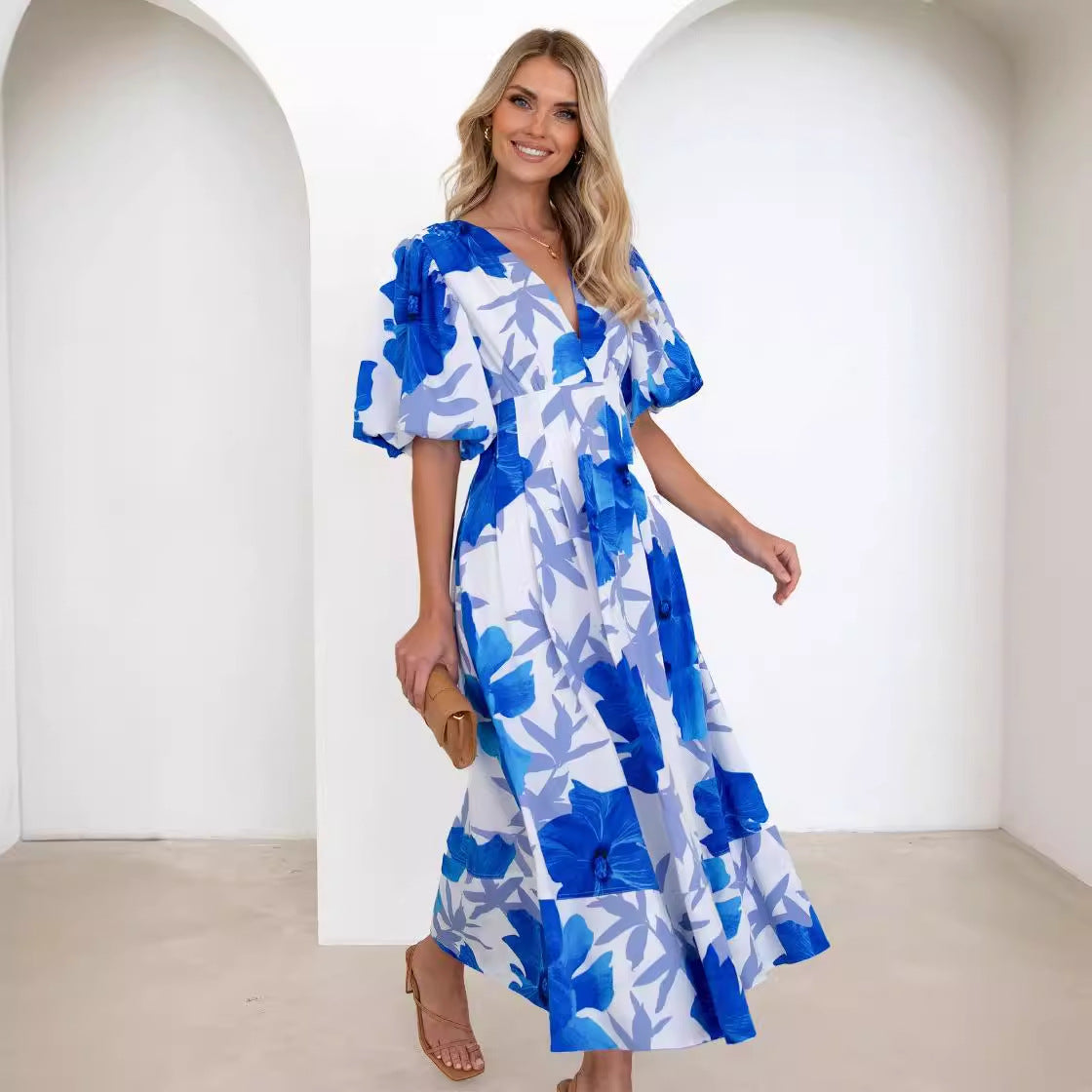 Damen Maxikleid mit buntem floralen Design und lässigen Puffärmeln R&B
