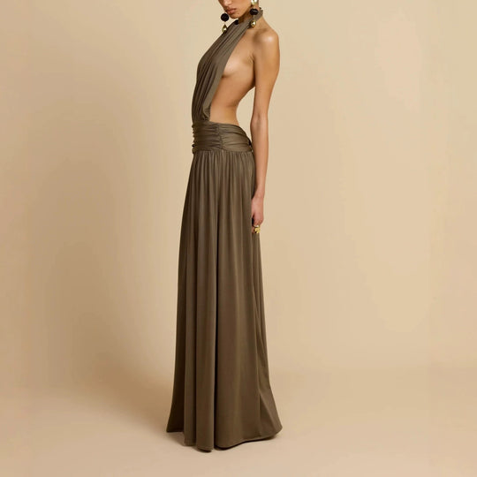Damen Elegantes Maxikleid mit Hochgängigem Halterneck R&B