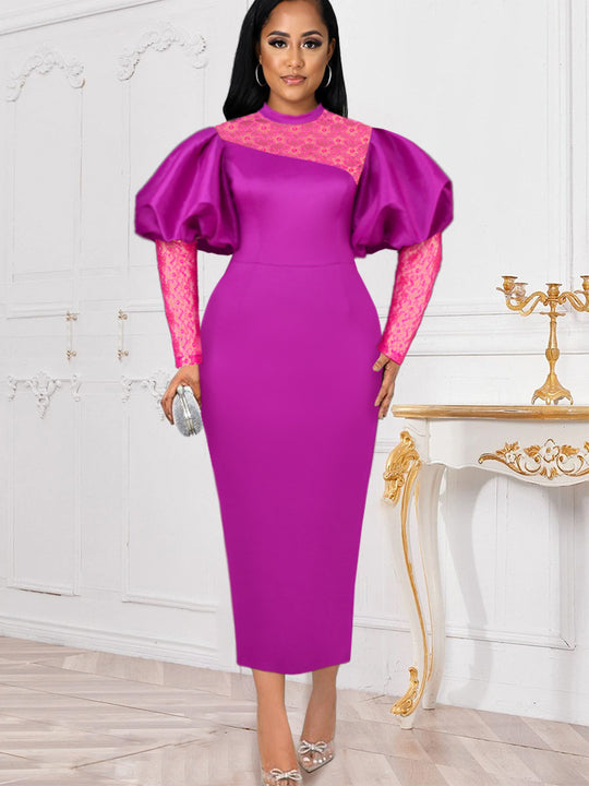 Damen Midi-Kleid mit langen Spitzenärmeln und voluminösen Puffärmeln R&B