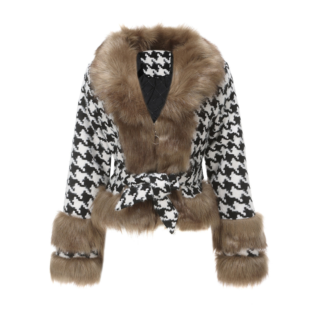 Damen Hochwertige Winterjacke mit auffälligem Hahnentritt und faux Pelzkragen R&B