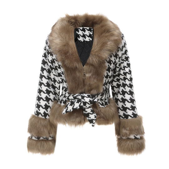 Übergangsjacke Damen elegant mit Kunstfell und Hahnentrittmuster