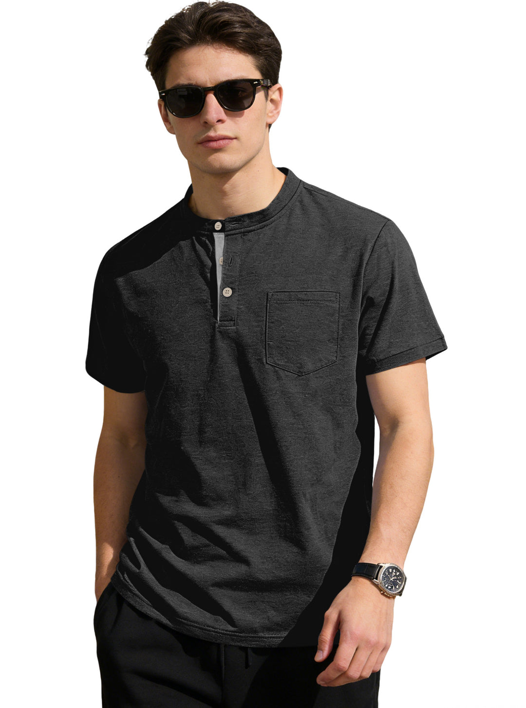 Herren nan strukturiertes Baumwoll-Henleyshirt mit kurzem Stehkragen Knopfleiste und Brusttasche R&B