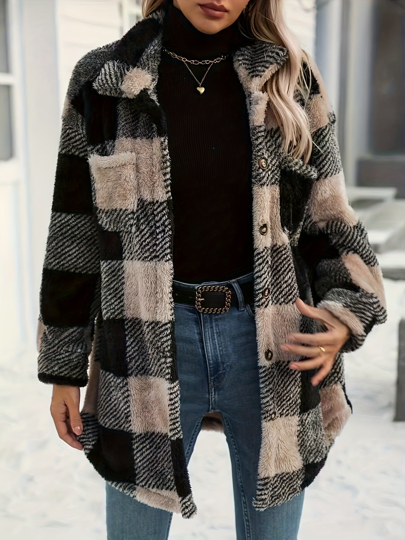 Damen Teddyjacke mit kariertem Muster und weichem Fell