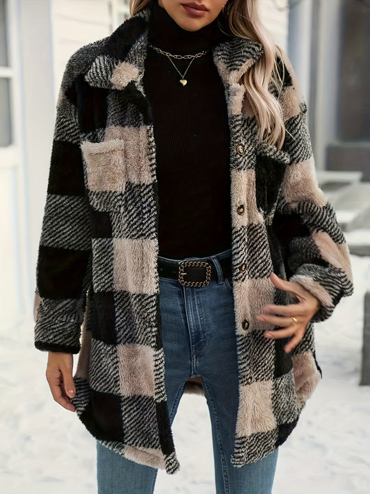 Damen Teddyjacke mit kariertem Muster und weichem Fell R&B
