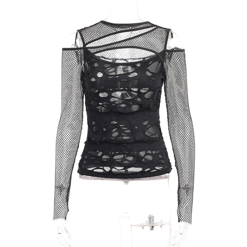 Damen Modisches Oberteil mit transparentem Mesh-Design und raffinierten Cut-Outs R&B