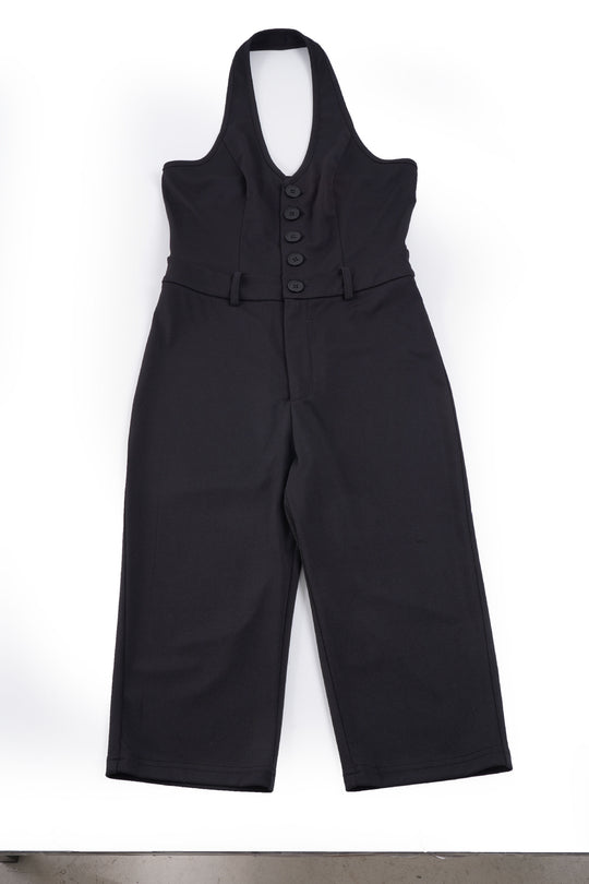 Damen figurbetonter Jumpsuit mit elegantem Halterneck und Knopfleiste R&B