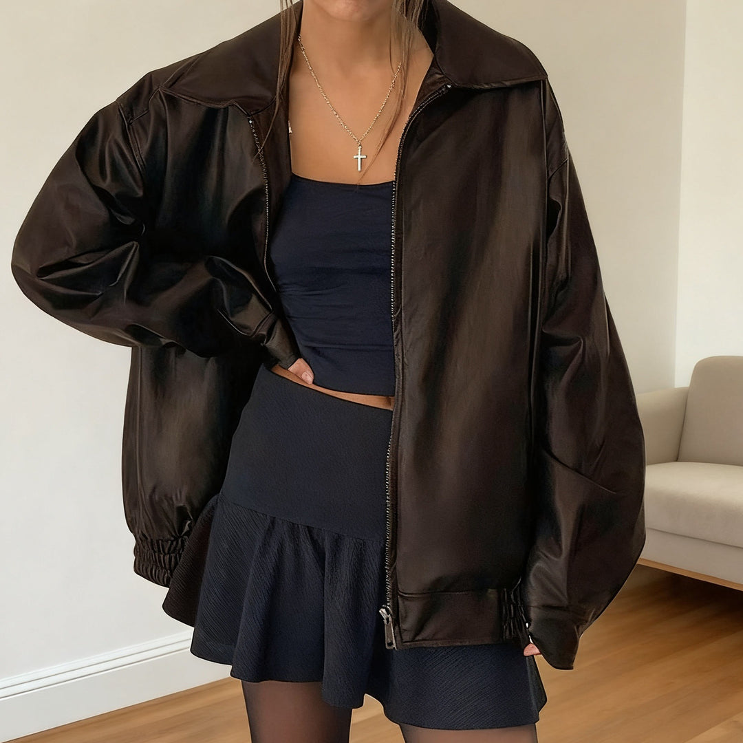 Damen Kunstlederjacke im lässigen Oversized-Stil mit elastischen Bündchen R&B