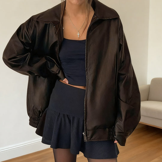 Damen Kunstlederjacke im lässigen Oversized-Stil mit elastischen Bündchen R&B
